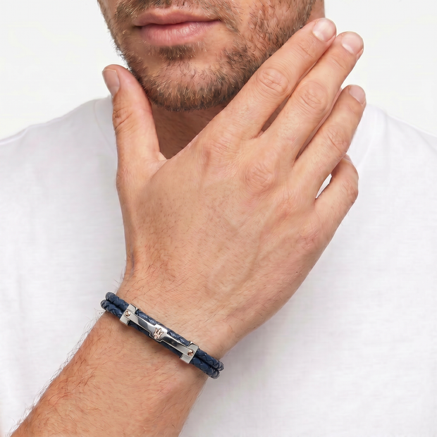 Men Recycled Leather Blue Bracelet