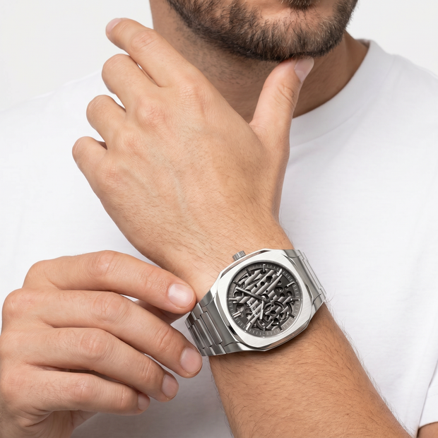 Men Square Skeleton Silver Watch