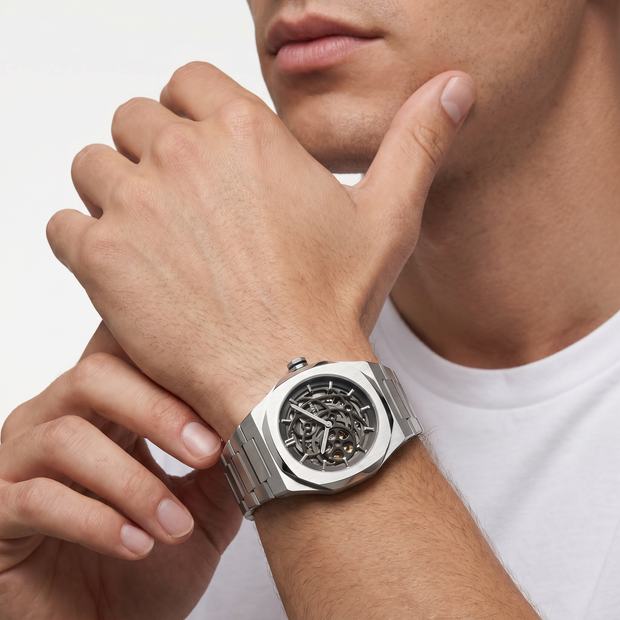 Men Skeleton Silver Watch